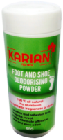 KARIAN FOOT AND SHOE DEODORISING POWDER is 100% natural, contains no aluminium, and no synthetic fragrances or dyes. it soothes and refreshes feet, absorbs sweat, helps eliminate offensive feet and shoe odors