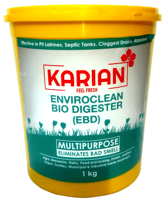 KARIAN ENVIROCLEAN BIO DIGESTER(EBD) 1KG,5KG,25 KG 100% natural.100% bio degradable .Economical. Speeds up the natural breakdown of organic waste into carbon dioxide , water and mineral ash. Eliminates foul odours within 12 hours of application. Safe to children and pets Environment safe cleaning without chemical residues. Safe for waterways, gardens, septics 
