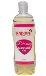 KARIAN RELAXING MASSAGE OIL is 100% all natural oils  blended with lavender and lemongrass essential oils. Serene relaxing effect from head to toe.